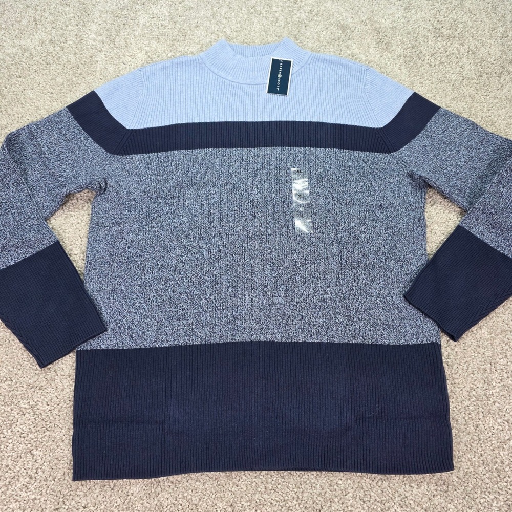 Karen Scott Womens XL Blue Colorblock Rib Mock Neck Cotton Sweater NEW